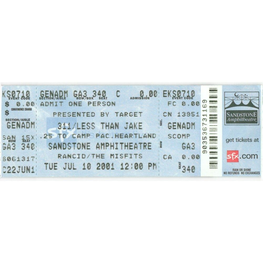 Vintage 2001 311 Misfits Rancid Less Jake Concert Ticket Stub Bonner Springs KS